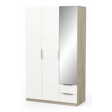 ARMOIRE 3 PORTES + 2 TIROIRS ET 1 MIROIR - BLANC ET CHENE