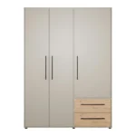 ARMOIRE 3 PORTES BATTANTES 2 TIROIRS PENDERIE TABLETTES POIGNÉES NOIRES - CHÊNE ET KAKI