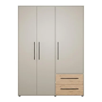 ARMOIRE 3 PORTES BATTANTES 2 TIROIRS PENDERIE TABLETTES POIGNÉES NOIRES - CHÊNE ET KAKI