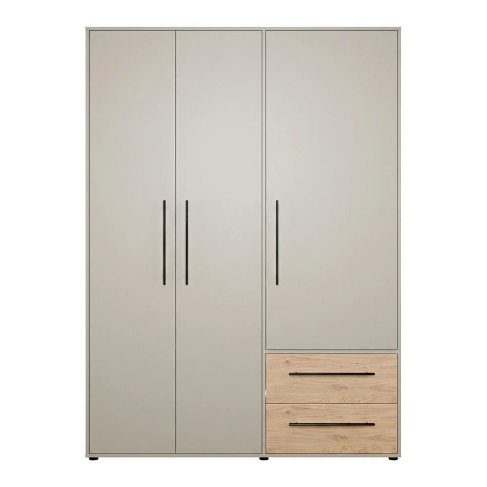 AI Generated Product Image ARMOIRE 3 PORTES BATTANTES 2 TIROIRS PENDERIE TABLETTES POIGNÉES NOIRES - CHÊNE ET KAKI – Image 1