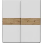 ARMOIRE 2 PORTES COULISSANTES 2 PENDERIES TABLETTES STYLE CONTEMPORAIN - CHÊNE ET BLANC