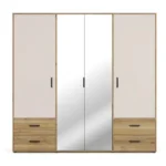 ARMOIRE 4 PORTES BATTANTES 2 MIROIRS 6 TIROIRS LARGE 206 CM PENDERIE TABLETTES - CHÊNE ET SABLE