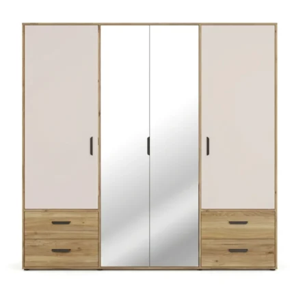 ARMOIRE 4 PORTES BATTANTES 2 MIROIRS 6 TIROIRS LARGE 206 CM PENDERIE TABLETTES - CHÊNE ET SABLE