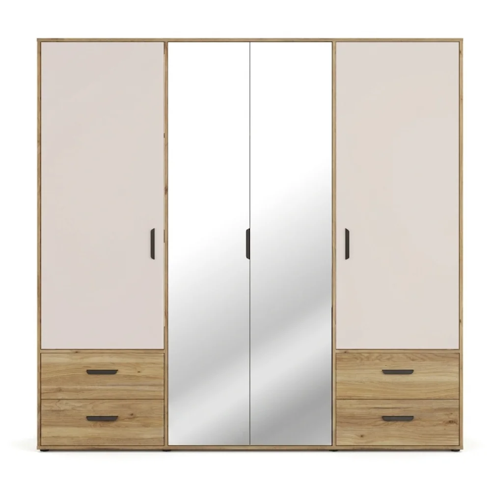 AI Generated Product Image ARMOIRE 4 PORTES BATTANTES 2 MIROIRS 6 TIROIRS LARGE 206 CM PENDERIE TABLETTES - CHÊNE ET SABLE – Image 1