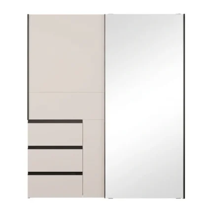 ARMOIRE 2 PORTES COULISSANTES DONT 1 MIROIR 3 TIROIRS DOUBLE PENDERIE 170 CM - SABLE ET KASHMIR