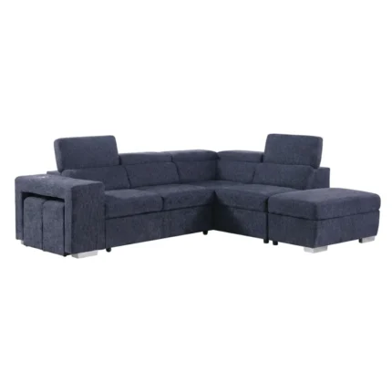 CANAPÉ D'ANGLE GAUCHE CONVERTIBLE & COFFRE DE RANGEMENT + POUFS - BLEU