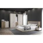 LIT 160 X 200 CM + SOMMIER + ARMOIRE 7 PORTES / 6T  IROIRS / 2 CHEVETS1T SUSPENDUS - CHENE & BLANC – Image 2