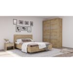 LIT 140 X 190 CM + SOMMIER + ARMOIRE 2 PORTES COULISSANTES + 1 CHEVET - LATTE & CHÊNE ( AVEC SOMMIER – Image 2