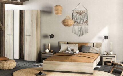 Lit 140 x 190 cm + armoire 3 portes + chevet - chêne & noir ( sans sommier et matelas )