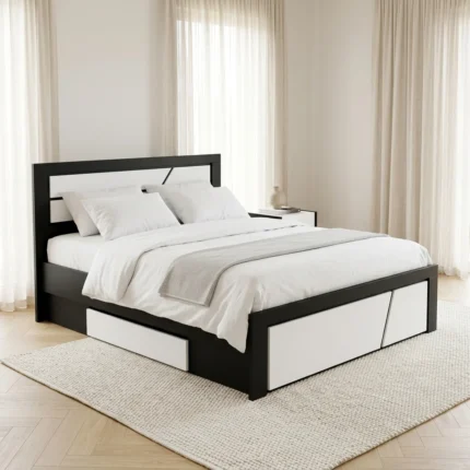 LIT 160 X 200 CM + ARMOIRE 4 PORTES + 1 CHEVETS 2 TIROIRS + SOMMIER - NOIR/BLANC
