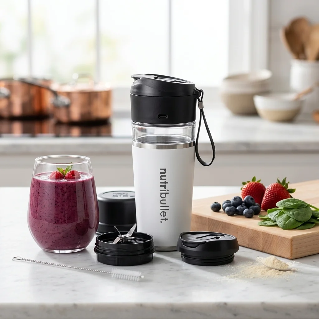 AI Generated Product Image BLENDER PORTABLE FLIP RECHARGEABLE USB-C COUVERCLE RABAT - BLANC - NUTRIBULLET – Image 1