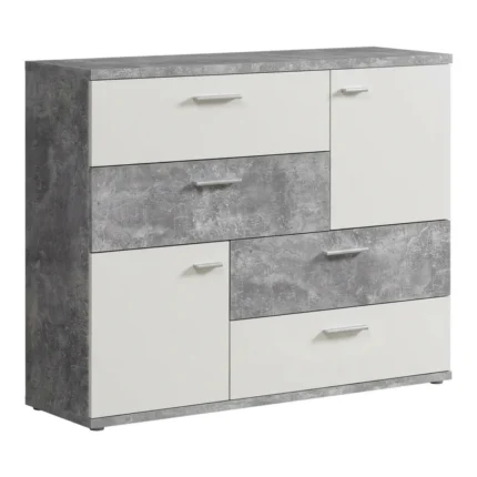 COMMODE 4 TIROIRS ET 2 PORTES - GRIS BÉTON ET BLANC