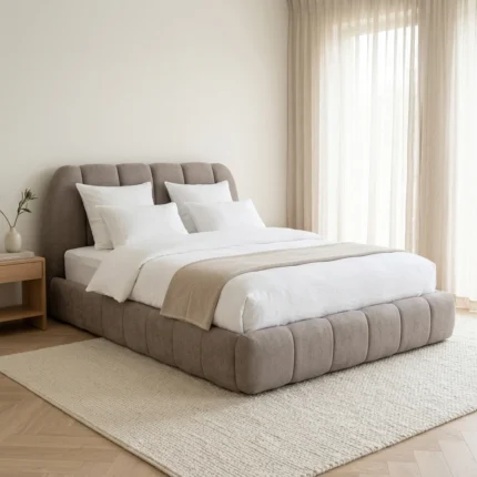 LIT + SOMMIER 160 X 200 CM EN TISSU - MARRON CLAIR