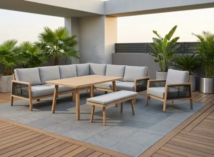 CANAPÉ D'ANGLE + BANC + FAUTEUIL + TABLE À MANGER - GRIS