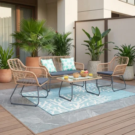 CANAPE 2 PLACES + 2 FAUTEUILS+ 1 TABLE BASSE AVEC COUSSIN - NATUREL
