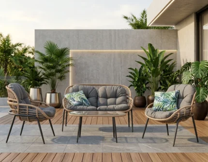 CANAPE 2 PLACES + 2 FAUTEUILS + TABLE BASSE - NATUREL