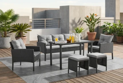 CANAPE 3 PLACES + 2 FAUTEUILS + 2 TABOURETS + TABLE - NOIR