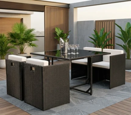 TABLE + 4 FAUTEUILS AVEC COUSSINS - NOIR
