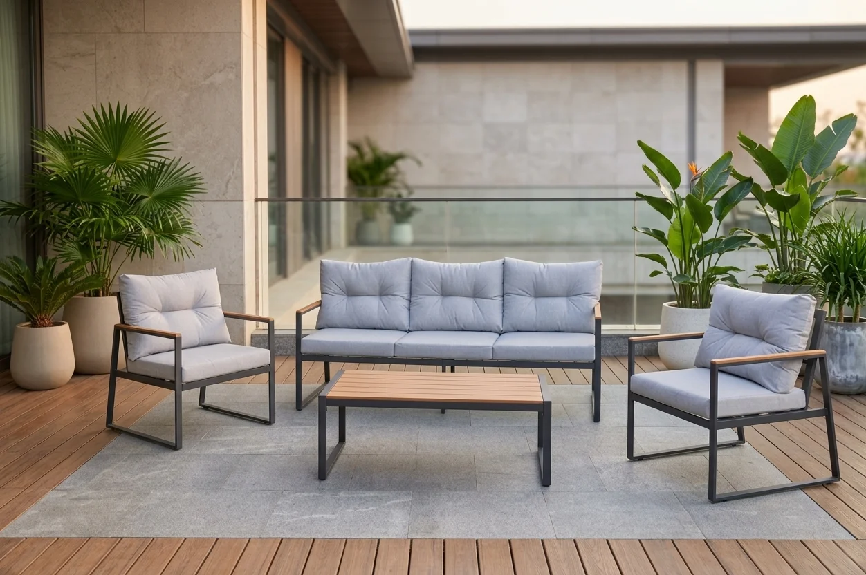 AI Generated Product Image CANAPE 3 PLACES + 2 FAUTEUILS + TABLE BASSE - NOIR ET GRIS – Image 1