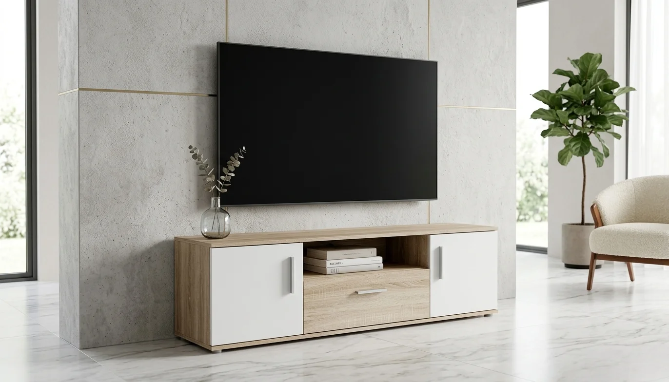 AI Generated Product Image MEUBLE TV 2 PORTES / 1 TIROIR / 1 NICHE - BLANC/CHENE – Image 1