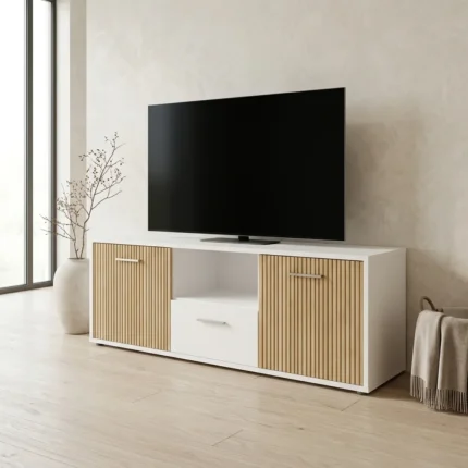 MEUBLE TV 2 PORTES / 1 TIROIRS / 1 NICHE - CHENE ET BLANC