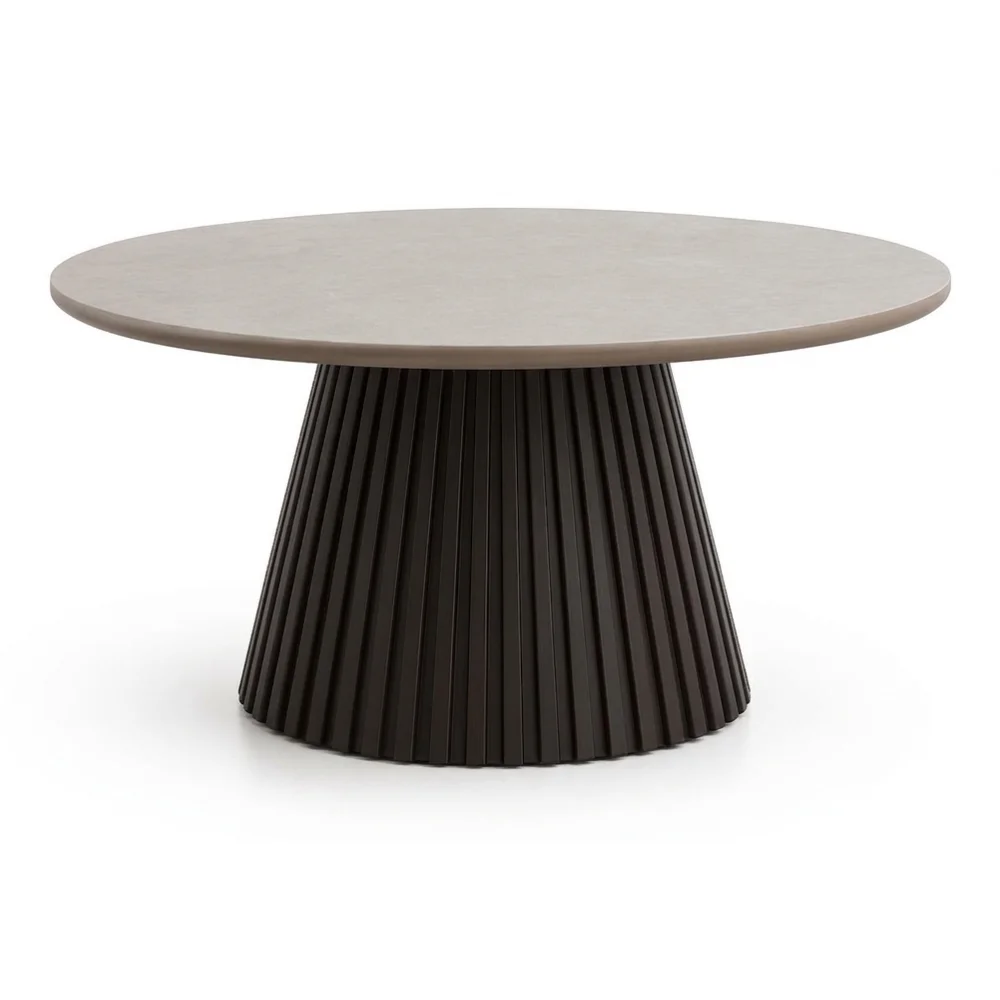 AI Generated Product Image TABLE BASSE RONDE PLATEAU CÉRAMIQUE ET STRUCTURE BOIS - BLANC – Image 1