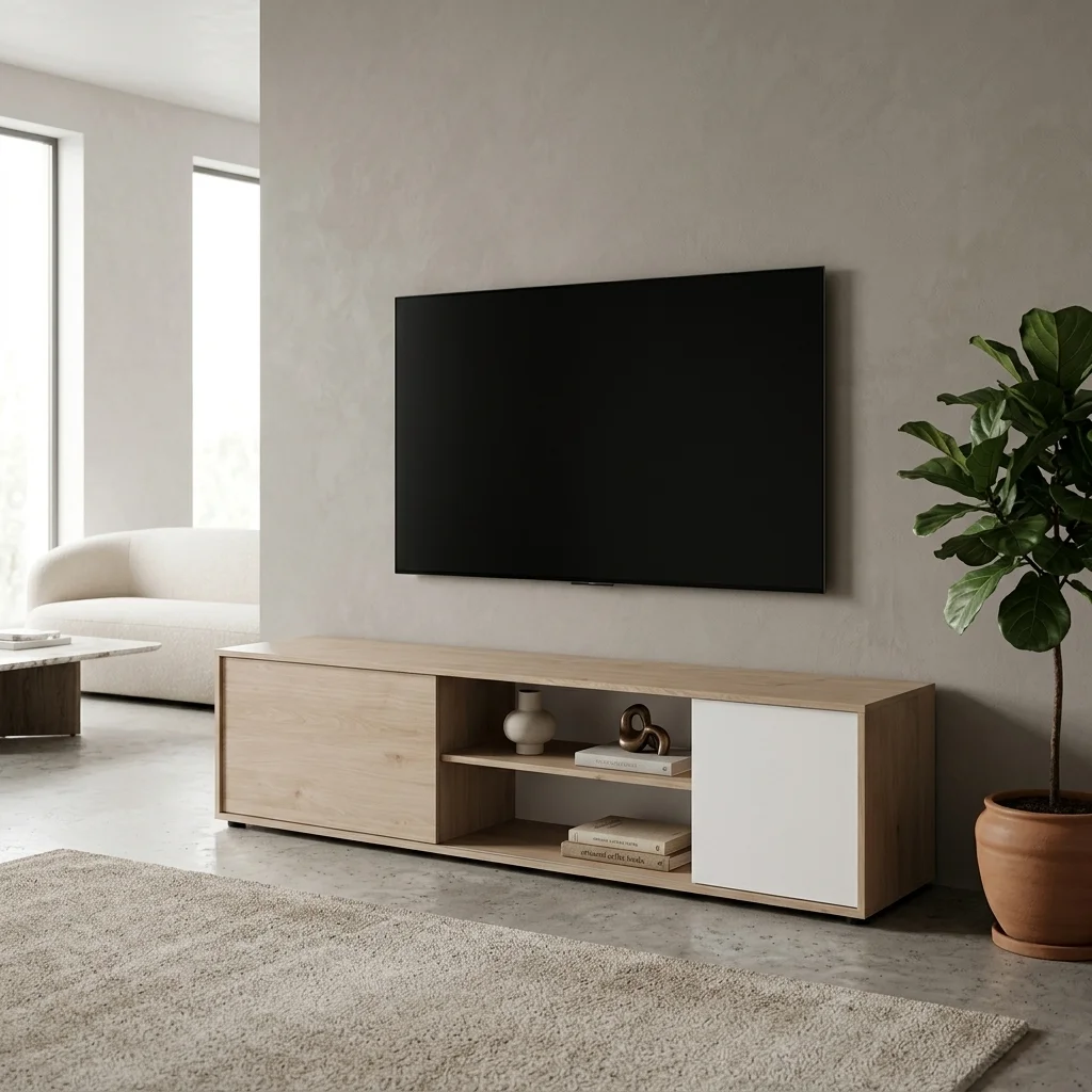 MEUBLE TV 2 PORTES + 2 NICHES CHENE  ET BLANC