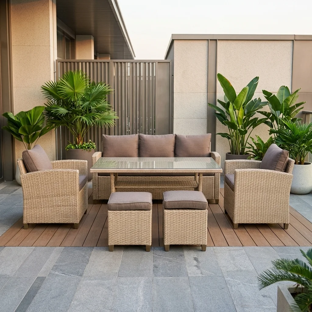 AI Generated Product Image CANAPE 3 PLACES + 2 FAUTEUILS + TABLE AVEC LES COUSSINS - NATUREL( SOUS POUF ) – Image 1