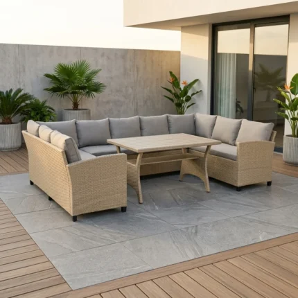 CANAPE D'ANGLE EN U + TABLE  AVEC COUSSINS - NATUREL