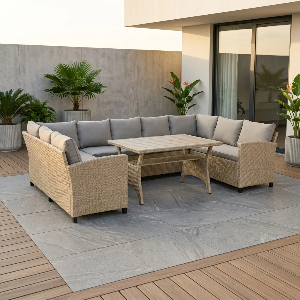 AI Generated Product Image CANAPE D'ANGLE EN U + TABLE AVEC COUSSINS - NATUREL – Image 1