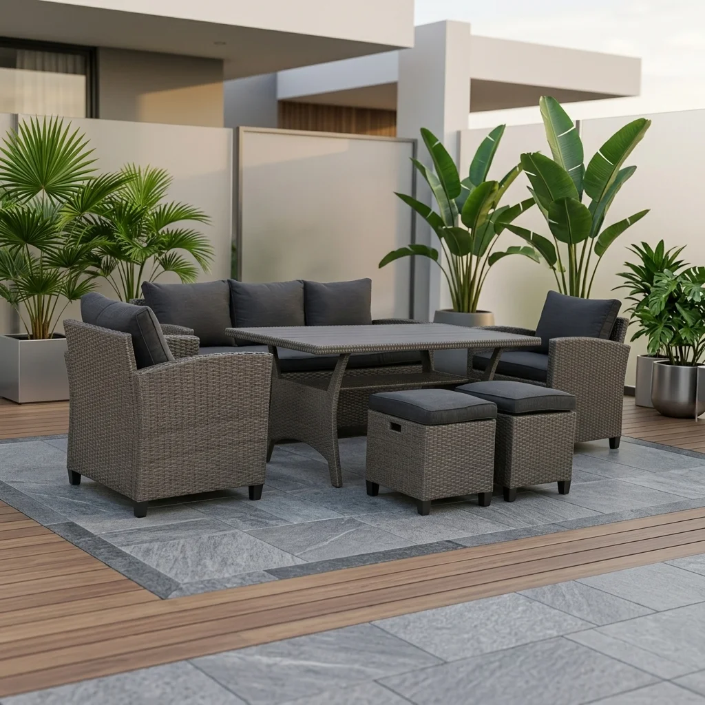 AI Generated Product Image CANAPE 3 PLACES + 2 FAUTEUILS + TABLE AVEC LES COUSSINS - NOIR ( SOUS POUF ) – Image 1