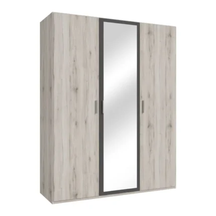 ARMOIRE 3 PORTES BATTANTES AVEC MIROIR - CHÊNE CENDRÉ/GRIS FONCÉ
