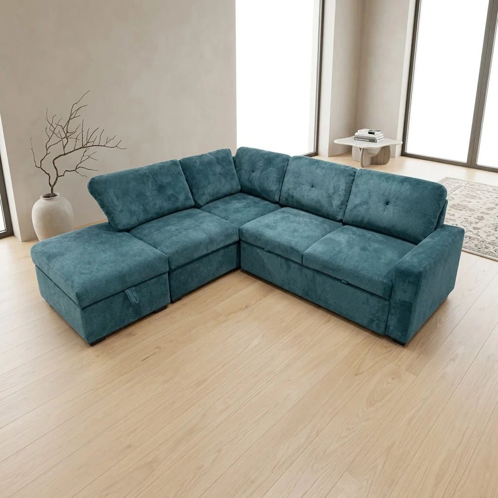 AI Generated Product Image CANAPÉ D'ANGLE DROIT CONVERTIBLE AVEC COFFRE DE RANGEMENT - BLEU CANARD – Image 1