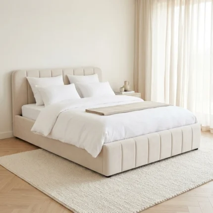 LIT 140 X 190 CM EN TISSU AVEC COFFRE BEIGE - BEIGE ( SOMMIER COFFRE INCLUS )
