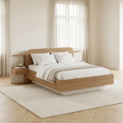 LIT + 2 CHEVETS ATTENANTS 160X200 CM - GRIS COCO/NATUREL