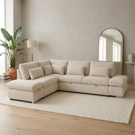 CANAPÉ D'ANGLE DROIT CONVERTIBLE XXL  EN TISSU - CRÈME