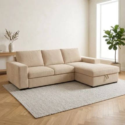 CANAPE D'ANGLE DROIT CONVERTIBLE EN VELOURS CÔTELÉS - BEIGE