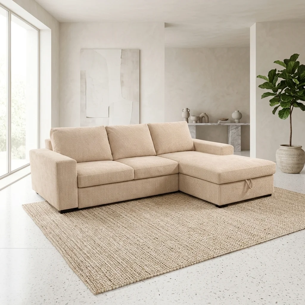 AI Generated Product Image CANAPE D'ANGLE GAUCHE CONVERTIBLE EN VELOURS CÔTELÉS - BEIGE – Image 1