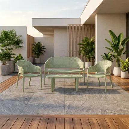 SALON DE JARDIN BAS 4 PLACES CANAPÉ 2 PLACES + 2 FAUTEUILS + TABLE BASSE - VERT