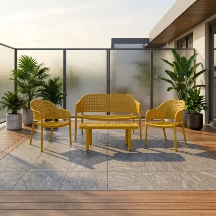SALON DE JARDIN BAS 4 PLACES CANAPÉ 2 PLACES + 2 FAUTEUILS + TABLE BASSE - JAUNE
