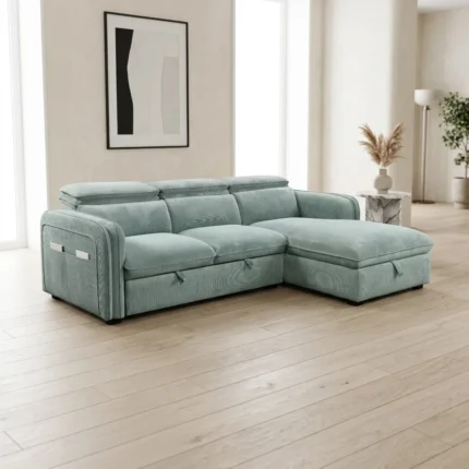 CANAPÉ D'ANGLE RÉVERSIBLE & CONVERTIBLE EN TISSU - VERT ET BLEU
