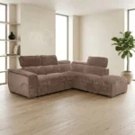 CANAPÉ D'ANGLE DROIT CONVERTIBLE VELOURS CÔTELÉ + OTTOMAN- CAPPUCCINO