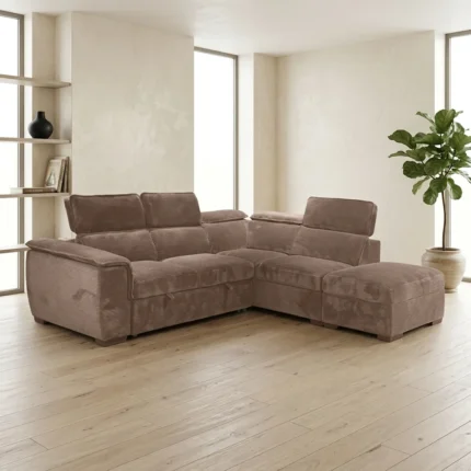 CANAPÉ D'ANGLE DROIT CONVERTIBLE VELOURS CÔTELÉ + OTTOMAN- CAPPUCCINO