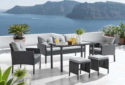 CANAPE 3 PLACES + 2 FAUTEUILS + 2 TABOURETS + TABLE - NOIR