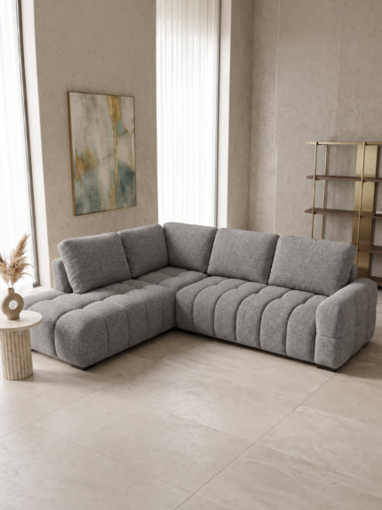 CANAPÉ D'ANGLE DROIT AVEC COFFRE EN TISSU - GRIS
