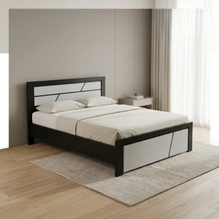 LIT 160 X 200 CM + ARMOIRE 4 PORTES + 1 CHEVETS 2 TIROIRS + SOMMIER - NOIR/BLANC