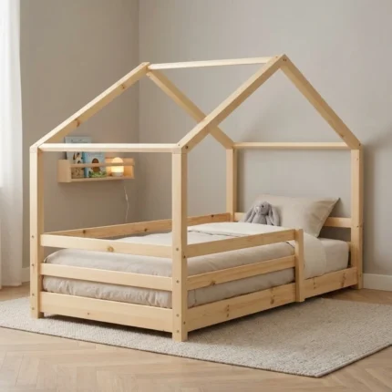 LIT CABANE 90 X 190 CM AVEC SOMMIER - NATUREL
