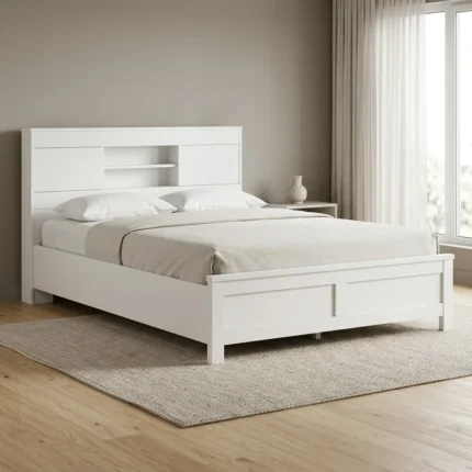 LIT 140 X 190 AVEC RANGEMENT DANS TETE DE LIT BLANC  AVEC SOMMIER