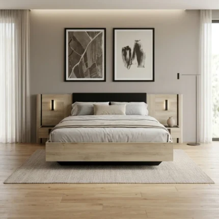 LIT 140 X 200 CM 2 CHEVETS SUSPENDU -  CHENE & NOIR