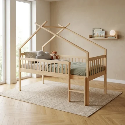 LIT TIPI SURÉLEVÉ 90X190 - BOIS NATUREL ( AVEC SOMMIER )